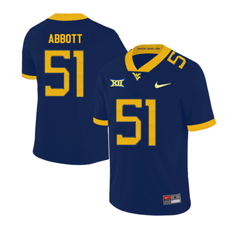 NCAA Men's Jake Abbott West Virginia Mountaineers Navy #51 Nike Stitched Football College 2019 Authentic Jersey LG23F58HI